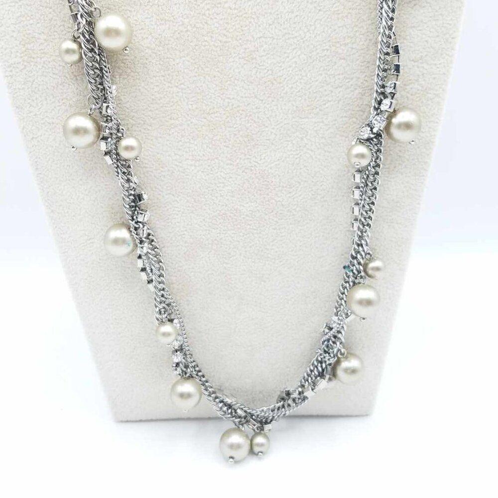 J Crew Silvertone Twisted Long Chain with Faux Pearls and Clear Crystals